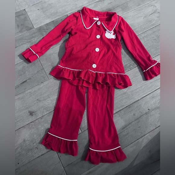 Red Kids Pajamas with White Trim Santa patch in front - Picture 1 of 3